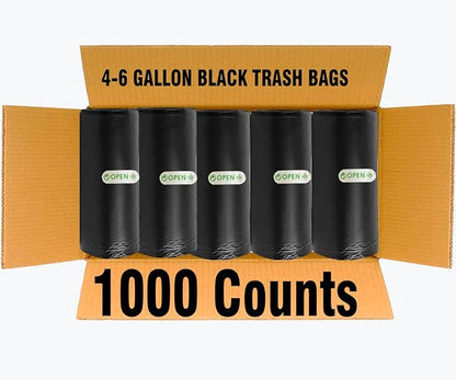 4-6 Gallon Trash Bags, 1000 Count Bulk Value Pack Black Garbage bags, Multi-purpose Trash Can Bin Liners for Bathroom, Office, Industrial, Commercial, Janitorial, Municipal, Recycling