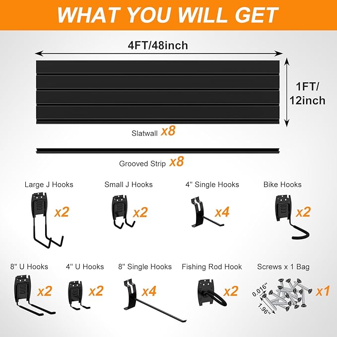 DoCred Slatwall Paneling Organizer, 4x7.5 FT PVC Garage Slat Wall Storage Systems, Heavy Duty Mounted Slat Peg Board for Tool Organization Ladder Bike Includes 20 PCS Hooks Accessories Kit (Black)