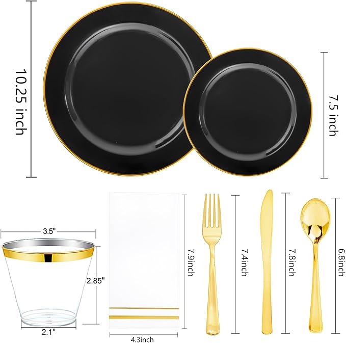 SUT 350-Piece Black and Gold Disposable Plates