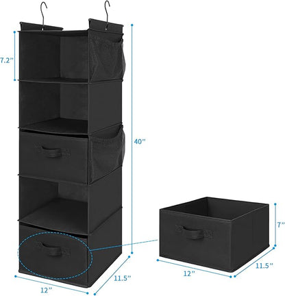 MAX Houser 5 Tier Shelf Hanging Closet Organizer, Cloth Hanging Shelf with 2 Sturdy Hooks for Storage, Foldable (Black-D2)