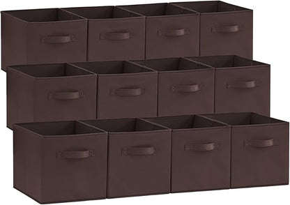 Lifewit 12 Packs Storage Cubes, 11 Inch Cube Storage Bins, Foldable Decorative Fabric Storage Baskets for Organizing Home Organizers with Handles for Shelves, Closet, Brown