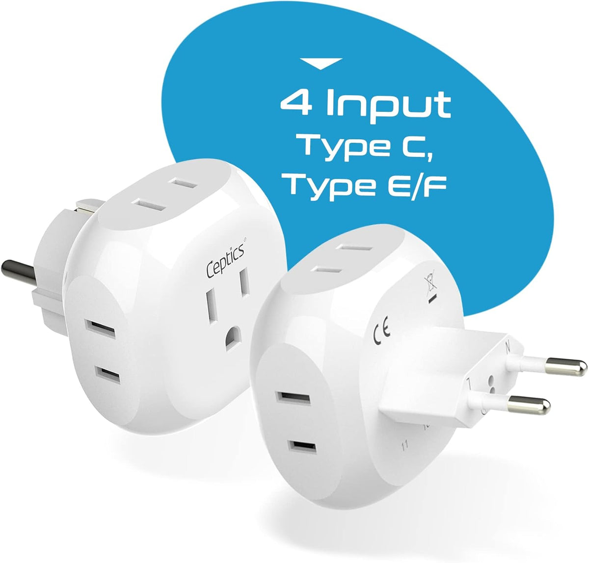 Ceptics Europe Travel Adapter Plug Set Schuko - 4 Input - Ultra Compact - Light Weight Type C, Type E/F - USA to Any Type C E/F Countries Such as Germany, France- 4 Pack (PT-9-9C-4PK),White