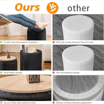 Round Set of 2 Ottoman with Storage-Upholstered Velvet Vanity Stool for Makeup Multifunctional Ottomans Coffee Table Padded Seat Foot Rest for Living Room&Bedroom (Black)