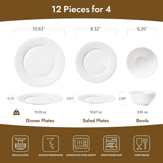 12Pc Rhombus Edge White Bone China Set, Service