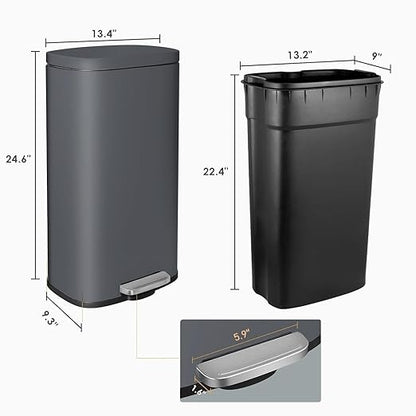 AthLike Trash Can, Stainless Steel Kitchen Garbage Can, Step Waste Bin with Hinged Lid and Removable Inner Bucket, Soft-Close, Dustbin for Bathroom Bedroom Living Room Home (Grey, 8 Gal)