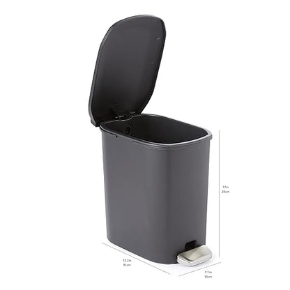 Amazon Basics Compact Plastic Bathroom Trash Can with Hands Free Foot Pedal, Quiet Close Step-On, 6 Liters, Black, Lid Included