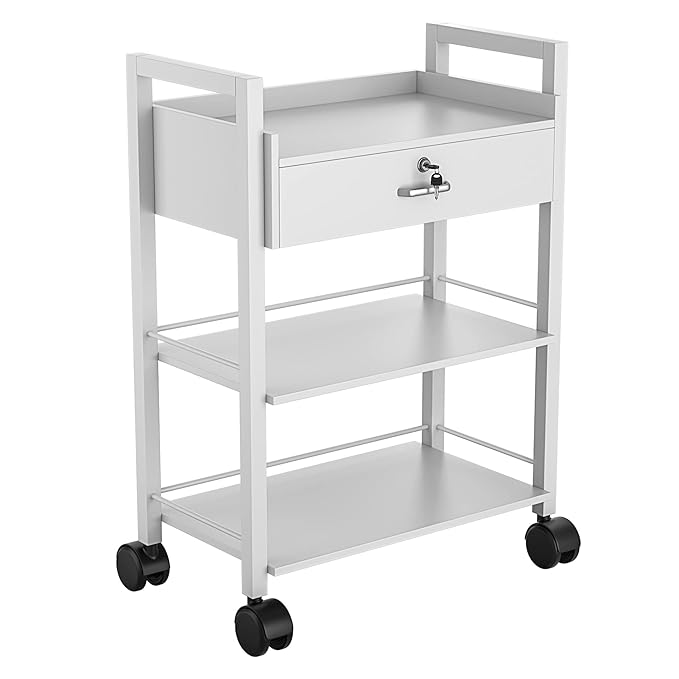 Paddie Salon Trolley Cart, Wooden Mobile Utility Cabinet Lab Cart with 1 Drawer 2 Trays, Rolling Storage Station Beauty Salon Rolling Trolley for Beauty Spa (White)