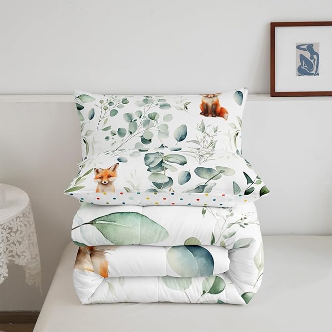 Erosebridal Girls Cartoon Animal Full Bedding Sets for Kids Toddler Kawaii Fox Comforter Set, Woodland Wildlife Bedding Comforter Sets Jungle Wild Fox Duvet Insert, Green Eucalyptus Down Comforter