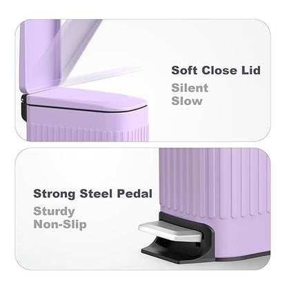 TrashAid Slim Bathroom Trash Can with Lid Soft Close, 6 Liter/1.6 Gallon Stainless Steel Small Garbage Can with Removable Inner Bucket, Step Pedal, Slim Wastebasket for Toilet, Office, Bedroom, Purple