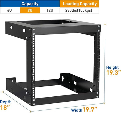 9U Wall Mount Rack Open Frame 19 Inch Server Equipment 2 Post Network Cabinet 18 inches Depth Black by Tedgetal