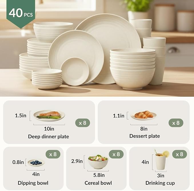 Wheat Straw Dinnerware Sets 40 PCS Plates and Bowls Sets