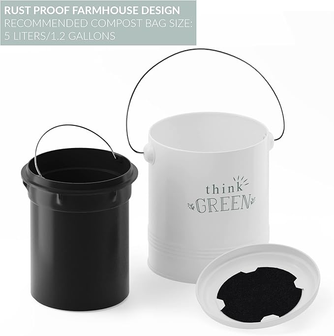 Barnyard Designs Compost Bin for Kitchen Counter - 1.2 Gallon Countertop Composter with Extra Smell-Absorbing Filters and Inner Bucket for Easy Cleaning - Food Waste Bin for Kitchen with Lid (White)