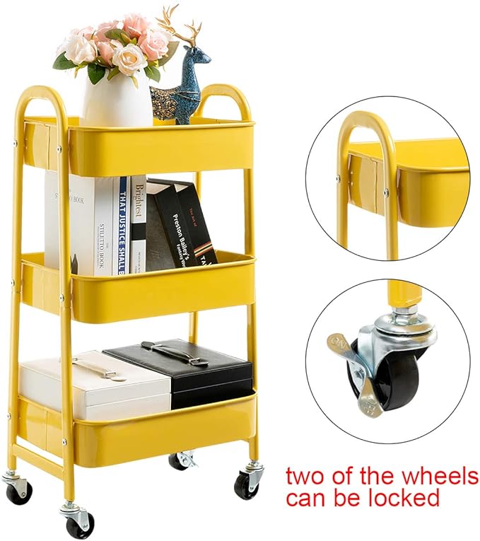 AGTEK Makeup Cart, Movable Rolling Organizer Cart, 3 Tier Metal Utility Cart, Yellow