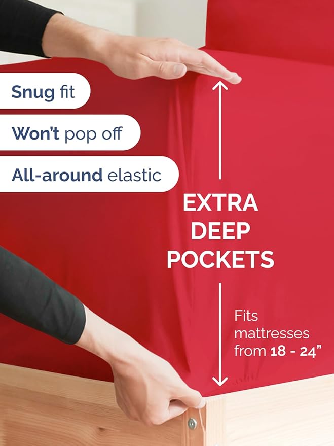 Extra Deep Pocket King Sheets - 4 Piece Breathable & Cooling Bed Sheets - Hotel Luxury Bed Sheet Set - Soft, Wrinkle Free & Comfy - Easily Fits Extra Deep Mattresses - Deep Pocket Red Sheets Set