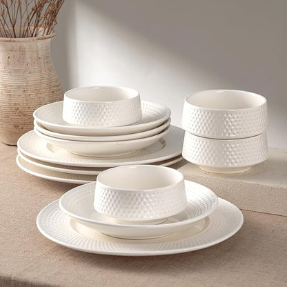 4-piece set, embossed B design plate and bowl set, microwave and dishwasher