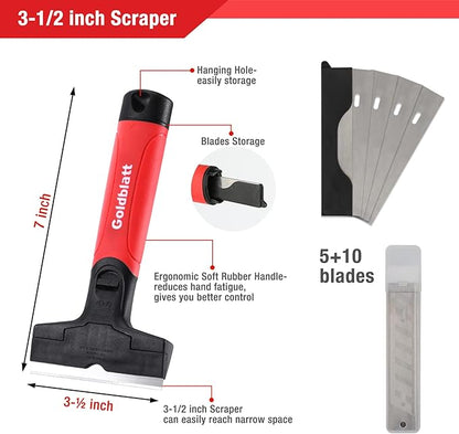 Goldblatt 2 Pieces Glass Scraper Set with 20-piece Blades - 4 Inch Industrial Floor Scraper Tool with Long-Handle, Heavy Duty Razor Holder for Cleaning Caulk, Paint, Glue on Glass, Tiles, Walls