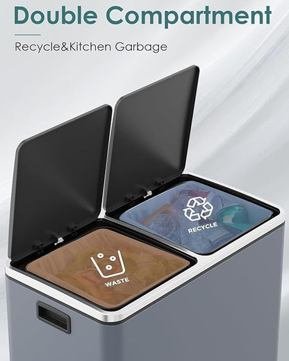 Arlopu 16 GallonStainless Steel Trash Can, 60L Dual Compartment, Metal Kitchen Step Recycle Bin, Metal Double Dustbin, in-Home Garbage Rubbish Can W/Removable Liner Buckets (Grey)