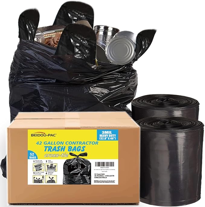 Contractor Heavy Duty Trash Bags 42 Gallon | 52 Count | 3 MIL | 32.8" X 46" | Large Black Flap Tie Construction Garbage Bags for Business Home Commercial, Industrial, Storage, Outdoor