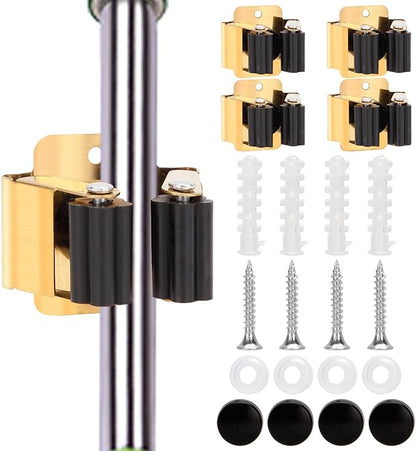 4pcs Anti-Slip Broom and Mop Holder,Wall Mounted Utility Rack with Screws,Stainless Steel Heavy Duty Mop and Broom Hanger,Space-Saving for Kitchen,Home,Bathroom,Garden,Garage Storage.Gold