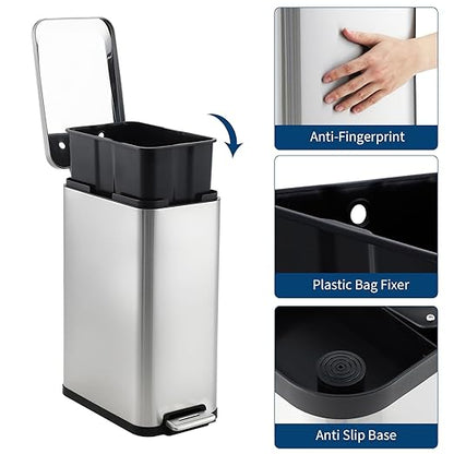 Garvee 13 Gallon Kitchen Trash Can, Stainless Steel Step Garbage Bin with Soft-Close Lid & Removable Bucket, Fingerprint Proof, Slim for Narrow Spaces, Bathroom or Office