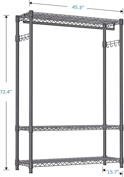 IZEUK 3 Tier Heavy Duty Garment Rack Wire Clothes Rack for Hanging Clothes, Metal Freestanding Closet Wardrobe Rack with 1 Rod and Side Hooks Dark Grey 15.7" D x 45.3" W x 72.4" H