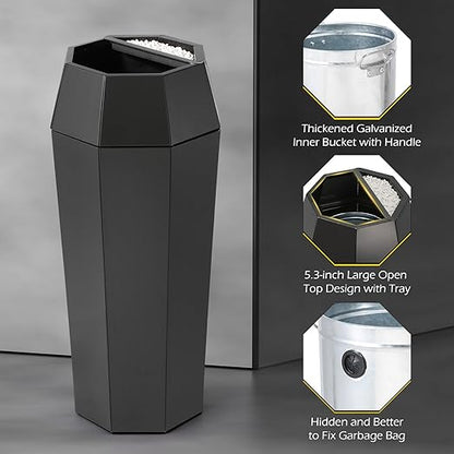 Dyna-Living Commercial Heavy-Duty Trash Cans Outdoor Garbage Can with Lid Large Trash Cans with Inside Cabinet for Patio, Black Stainless Steel Garbage Can Commercial Indoor Trash Bin for Lobby