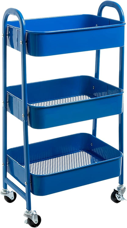 AGTEK Makeup Cart, Movable Rolling Organizer Cart,3 Tier Metal Utility Cart, Aristocratic Blue