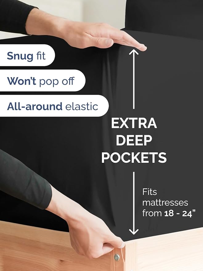 Extra Deep Pocket King Sheets - 4 Piece Breathable & Cooling Bed Sheets - Hotel Luxury Bed Sheet Set - Soft, Wrinkle Free & Comfy - Easily Fits Extra Deep Mattresses - Deep Pocket Black Sheets Set