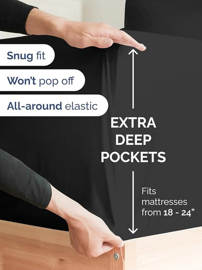 Extra Deep Pocket Cal King Sheets - 4 Piece Breathable & Cooling Bed Sheets - Hotel Luxury Bed Sheet Set - Soft, Wrinkle Free & Comfy - Easily Fits Extra Deep Mattresses - Deep Pocket Black Sheets Set