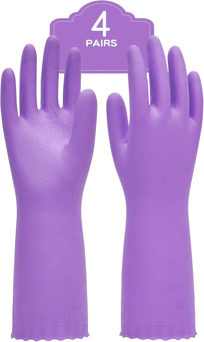 PACIFIC PPE 4 Pairs Reusable Dishwashing Cleaning Gloves with Latex Free, Cotton Lining, Kitchen Gloves, Purple, Small