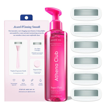 Women's Razor Shave Kit, 1 Rose Razor Handle + 6 Blade Refills + Super Pink Glossy Shave Oil