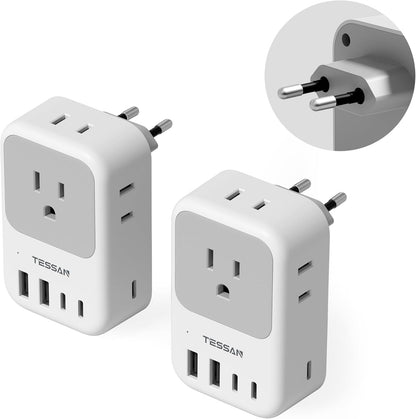 TESSAN European Travel Plug Adapter 2-Pack, US to EU Outlet Adaptor with 4 AC Outlets & 5 USB Ports (3 USB-C 28W), Type C Power Adapter for Italy France Germany Spain Greece Iceland