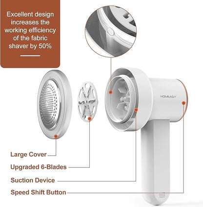 Fabric Shaver Fuzz Remover Rechargeable, HOMEASY Electric Lint Remover Shaver with 3 Blades & LED Digital Display, Sweater Couch Fabric Pill Shaver for Sweater, Couch, Furniture (White)