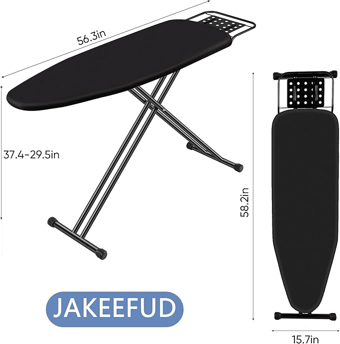 Full Size Ironing Board 47" X 15" with Heat Resistant Cover and Thicken Felt Pad, Safety Iron Rest, Anti-Skid Feet, Height Adjustable, Heavy Duty,Black