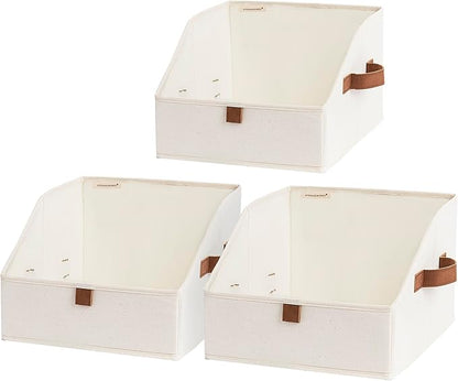 StorageWorks Closet Storage Bins, Trapezoid Organizer Box for Shelves, Fabric Clothes Bin, Foldable Organizing Baskets with Handles, Small, Ivory White, 3-Pack