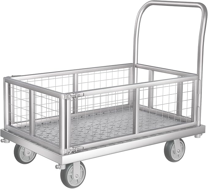 4-in-1 Platform Truck Cart with Cage, Multi-Purpose Heavy Duty Steel Flatbed Cart with 2200lbs Capacity Platform Hand Truck 6" Wheels Push Cart Dolly for Groceries, Garage, Warehouse (41“L x 24" W)