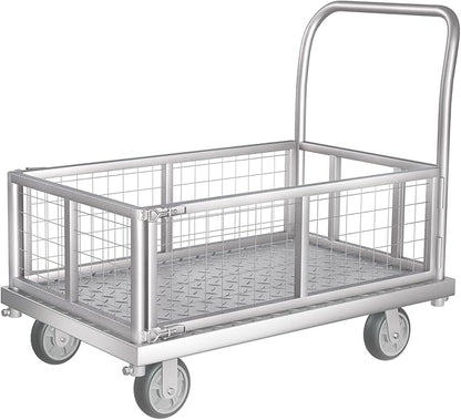 4-in-1 Platform Truck Cart with Cage, Multi-Purpose Heavy Duty Steel Flatbed Cart with 2200lbs Capacity Platform Hand Truck 6" Wheels Push Cart Dolly for Groceries, Garage, Warehouse (41“L x 24" W)