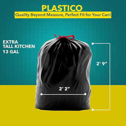 Plastico Extra Tall Kitchen Trash Bags - 18 Gallon, Black, 36 Garbage Bags, Extra Strong, Easy Drawstrings - Odor Guard Control, Unscented, 1.1 Mil Thick Plastic