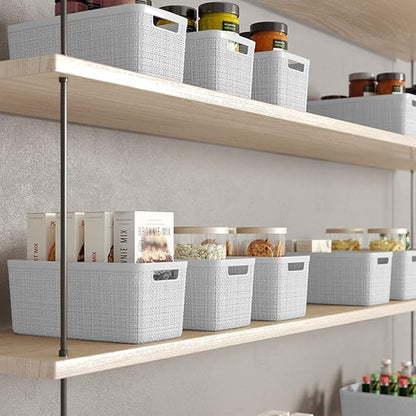 Curver Jute Decorative Plastic Organization and Storage Basket Perfect Bins for Home Office, Closet Shelves, Kitchen Pantry and All Bedroom Essentials, Slim, White, Set of 8