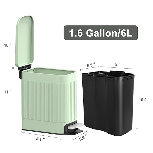 TrashAid Slim Bathroom Trash Can with Lid Soft Close, 6 Liter/1.6 Gallon Stainless Steel Small Garbage Can with Removable Inner Bucket, Step Pedal, Slim Wastebasket for Toilet, Office, Bedroom, Green