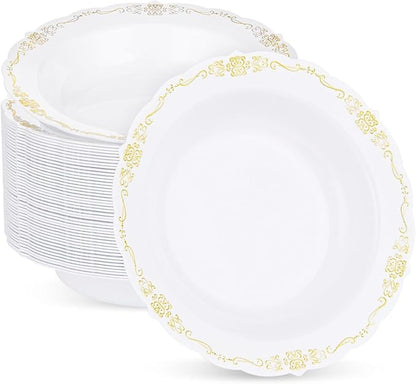 50 Pack White Plastic Bowls with Gold Rim, 12oz Disposable Soup Bowl, Heavy Duty Dinner Bowls for Party, Weddings, Dinners, Catering and Everyday Use