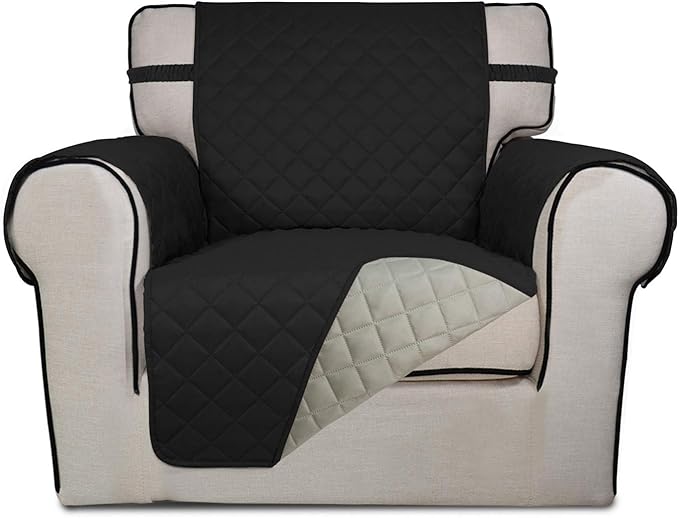 PureFit Reversible Quilted Sofa Cover, Water Resistant Slipcover Furniture Protector, Washable Couch Cover with Non Slip and Elastic Straps for Kids, Dogs, Pets (Chair, Black/Beige)