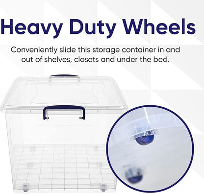 Superio Clear Storage Boxes with Wheels (2 Pack), 85 Qt Heavy Duty Containers with Lids, Stackable Rolling Bins for Home, Garage, Closet Organization- Linen, Tools, Clothing, Supplies
