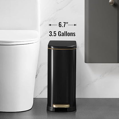 Bathroom Trash Can with Soft-Close Lid 3.5 Gallon Stainless Steel Garbage Can with Removable Inner Bucket Slim Trash Bins for Bedroom, Office (Matte Black)