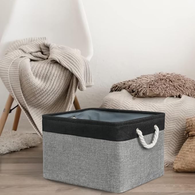 Organization and Storage Bins for Shelves - 17X15X12 inch 2 Pack Foldable Baskets for Organizing, Fabric Storage Cubes with Rope, Storage Box for Decorative Cloth (Black & Grey)