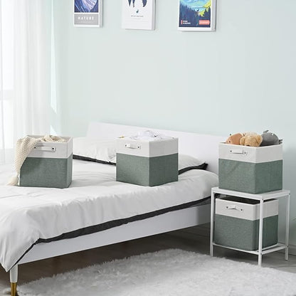 13 x 13 Inch Fine Linen Storage Bins with Handles，Fabric Cube Boxs，Collapsible Basket Organizers for Shelves for Home, Closet Drawers (White/Green-6 Pack)
