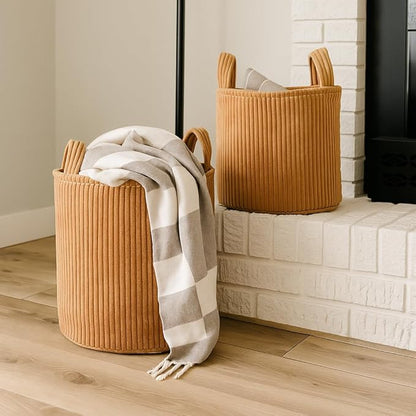 PUTSKA Blanket Basket – Round Storage for Toys and Blankets, Clothes, Stuffed Animals – Soft Baby Girl Basket for Nursery, Kids Room, Bedroom, Living Room – Large, Brown