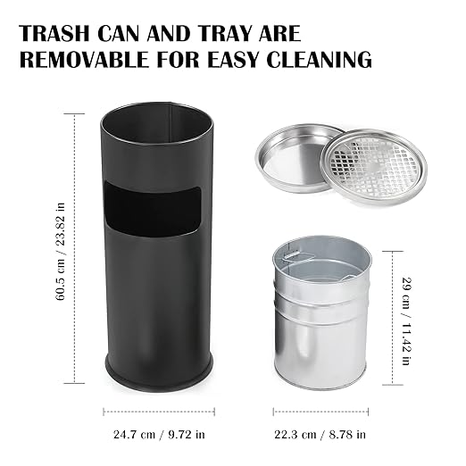 Trash Can Outdoor Waste Container Round Stainless Steel Trash Can with Removable Inner Bucket for Disposal Commercial Waste Container 9.8 x 24-Black