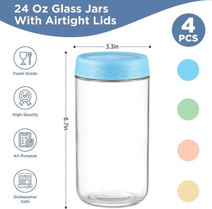 DRKIO 24 Oz Overnight Oats Containers with Lids - 4 Pack Glass Storage Jars with Airtight Lids Wide Mouth Mason Food Jars Great for Meal Prep Salad Chia Pudding Snacks Yogurt Sugar Spice Cereal