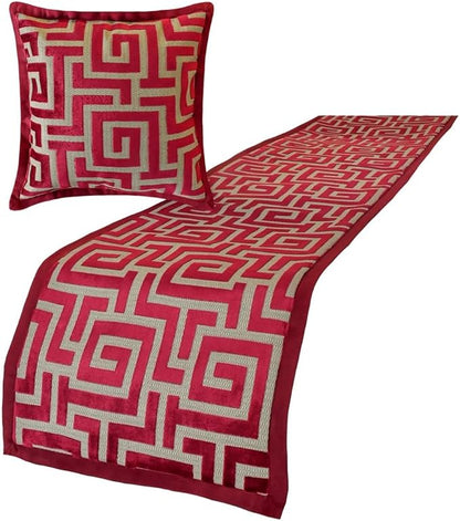 The HomeCentric King/Queen/Twin Red Decorative King 90"x18" Bed Runner with Pillow Cover, Maze Bed Scarf on Velvet Fabric - Path